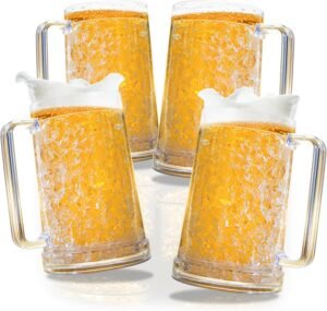 Granatan Clear Double Walled Gel Freezer Beer Mugs with Handles (16 oz, Set of 4)