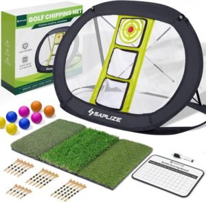SAPLIZE Golf Chipping Net Set with Tri-Turf Mat, Foam Practice Balls, Tees and Scoring Board