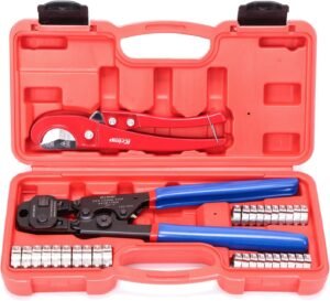 iCrimp Ratchet PEX Cinch Tool Kit with Removing Function, Pipe Cutter and Stainless Steel Clamps