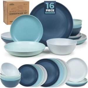 Grow Forward 16-Piece Premium Wheat Straw Dinnerware Set for 4 (Seascape Color)