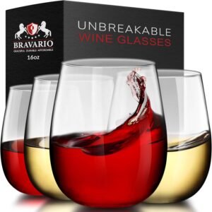 Bravario Unbreakable Stemless Plastic Wine Glasses (16 oz, Set of 4, Shatterproof Tritan)