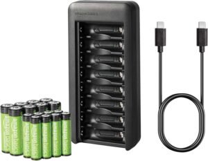 Amazon Basics – Rechargeable NiMh AAA 800mAh 8 Pack + AA 2000mAh 8 Pack, with 8 Bay Battery Charger, No AC Power Adapter, USB C Port