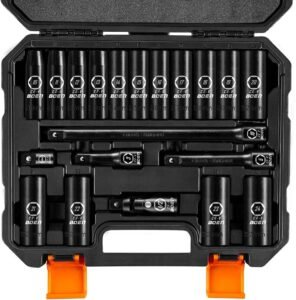 BOEN 1/2″ Drive Metric Deep Impact Socket Set, 20 Piece Cr-V Steel Metric Socket Set 10mm-24mm, Includes Extension Bars, Universal Joint and Adapter, 6 Point Design, Meets ANSI Standards