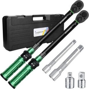Torque Wrench Set 3/8″ + 1/2″ 2Pcs 10-110 ft.lb & 10-170 ft.lb Dual-Direction 72 Tooth Click with Adapters & Extension Bars for Car, Truck & Motorcycle