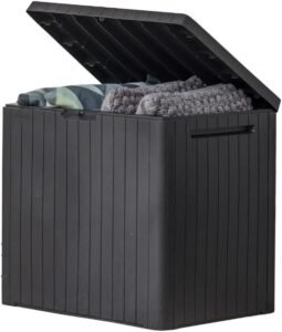 Keter City 30 Gallon Resin Outdoor Storage Box and Patio Furniture Side Table, Dark Grey