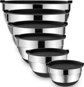 Mixing Bowls with Airtight Lids, 6 Piece Stainless Steel Metal Nesting Storage Bowls by Umite Chef, Non-Slip Bottoms (Black)
