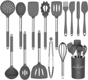 Umite Chef Kitchen Utensils Set, 15 pcs Silicone Cooking Kitchen Utensils Set, Heat Resistant Non-Stick BPA-Free Silicone Stainless Steel Handle Turner Spatula Spoon Tongs Whisk Cookware (Grey)