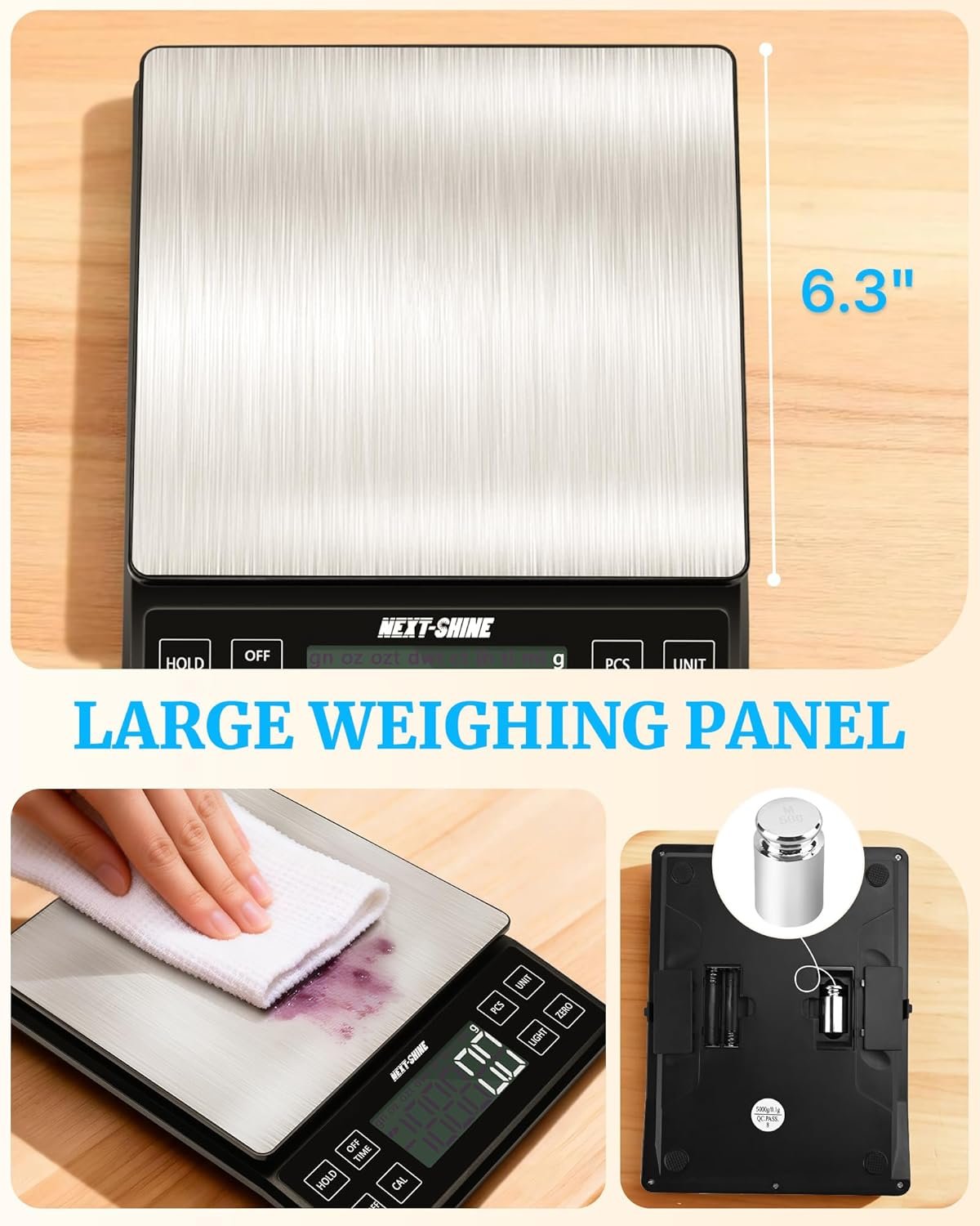 NEXT-SHINE Rechargeable Digital Kitchen Scale (Large Stainless Steel Platform)