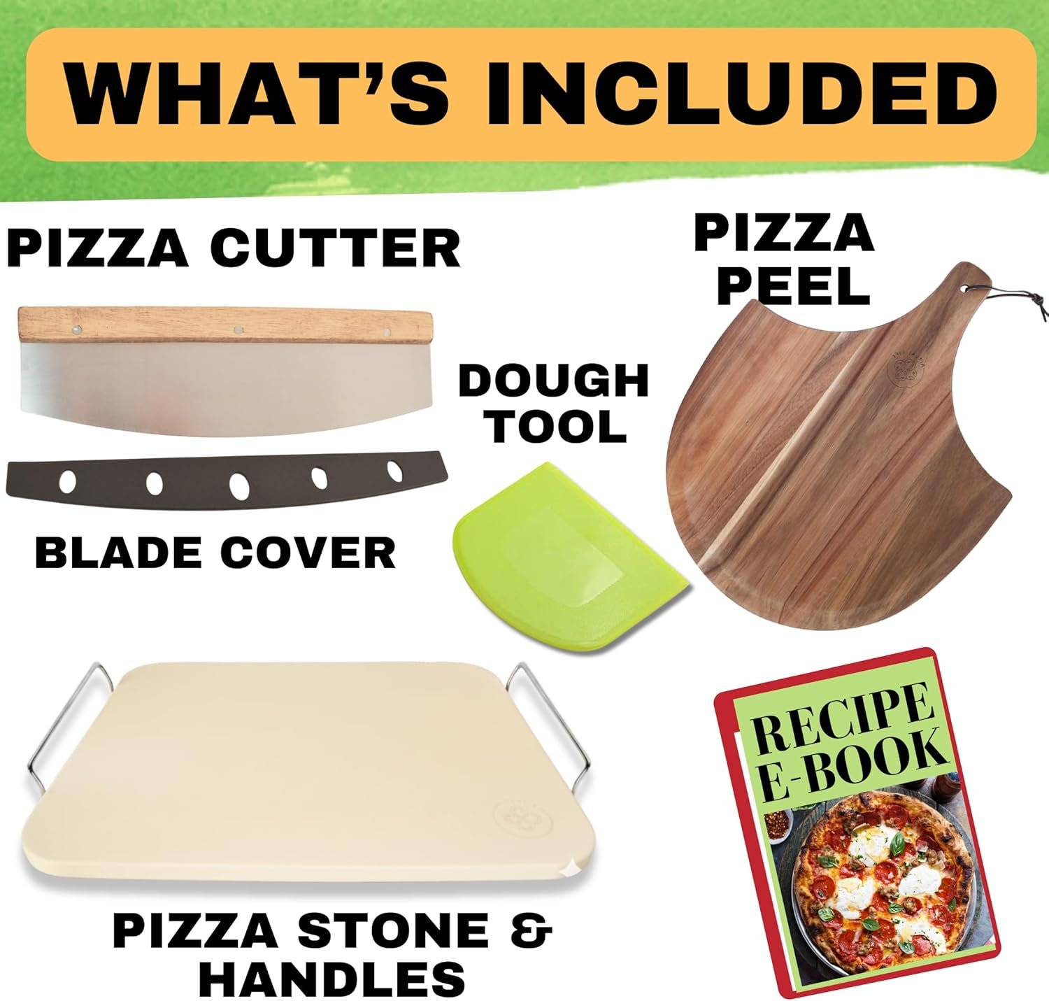5-Piece Pizza Stone Set with Handles, Wood Peel, Cutter, and Dough Tool (15-Inch)