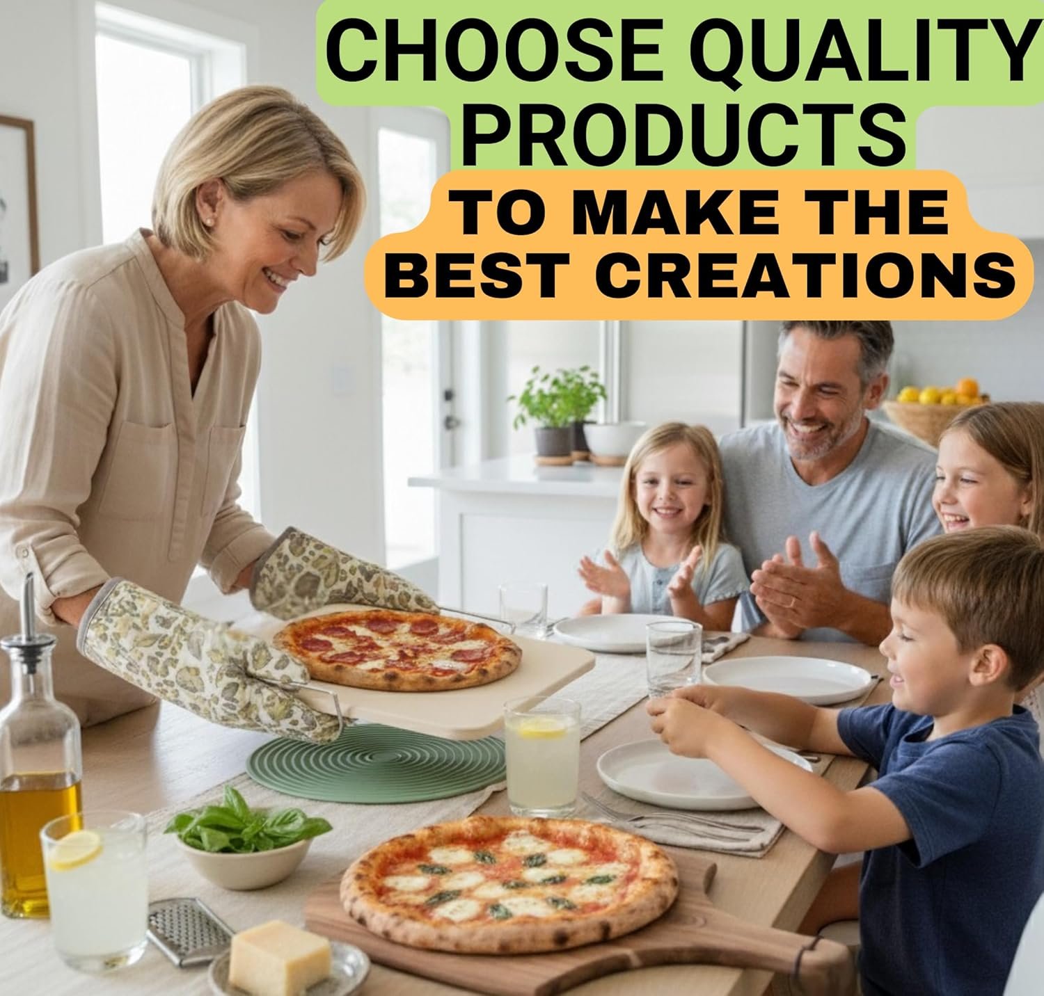 5-Piece Pizza Stone Set with Handles, Wood Peel, Cutter, and Dough Tool (15-Inch)