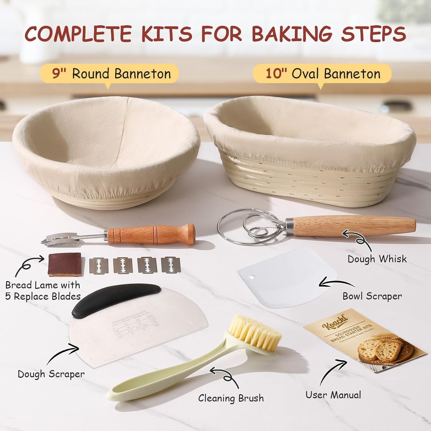 KOACKL Sourdough Bread Starter Kit with Round and Oval Banneton Proofing Baskets