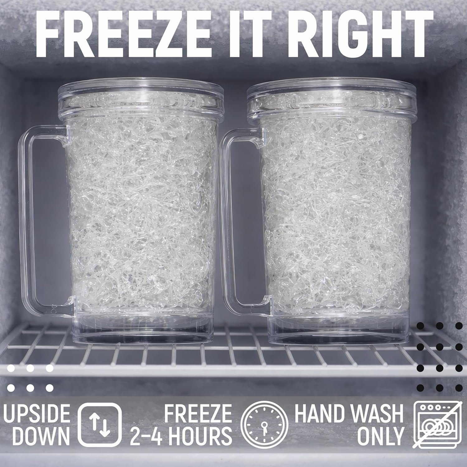 Granatan Clear Double Walled Gel Freezer Beer Mugs with Handles (16 oz, Set of 4)