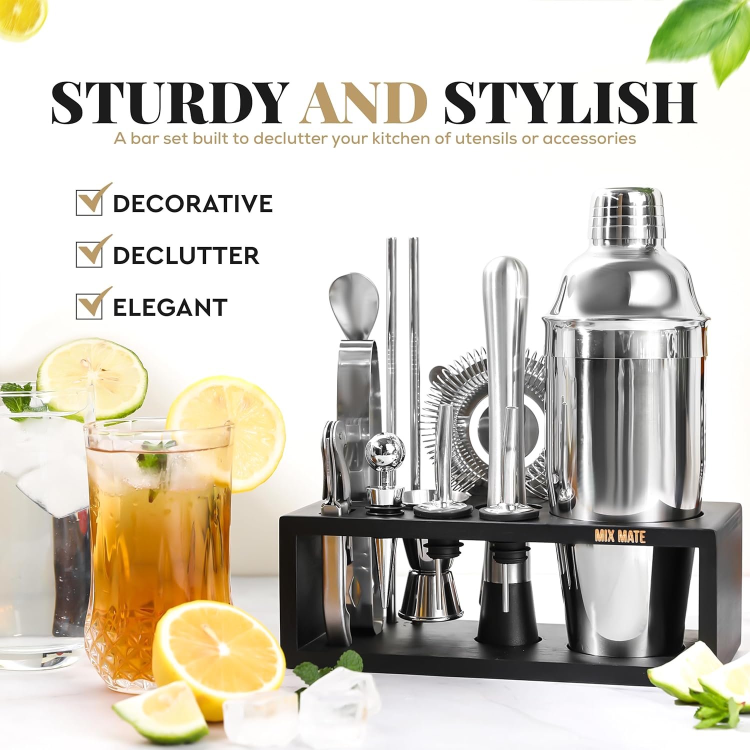 Mixology Bartender Kit with Stand (15 Piece Silver Bar Tool Set with Cocktail Shaker)