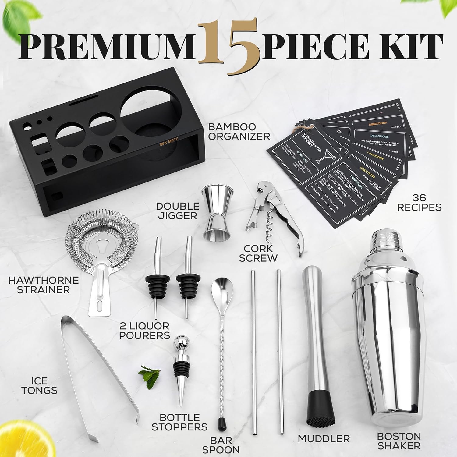 Mixology Bartender Kit with Stand (15 Piece Silver Bar Tool Set with Cocktail Shaker)