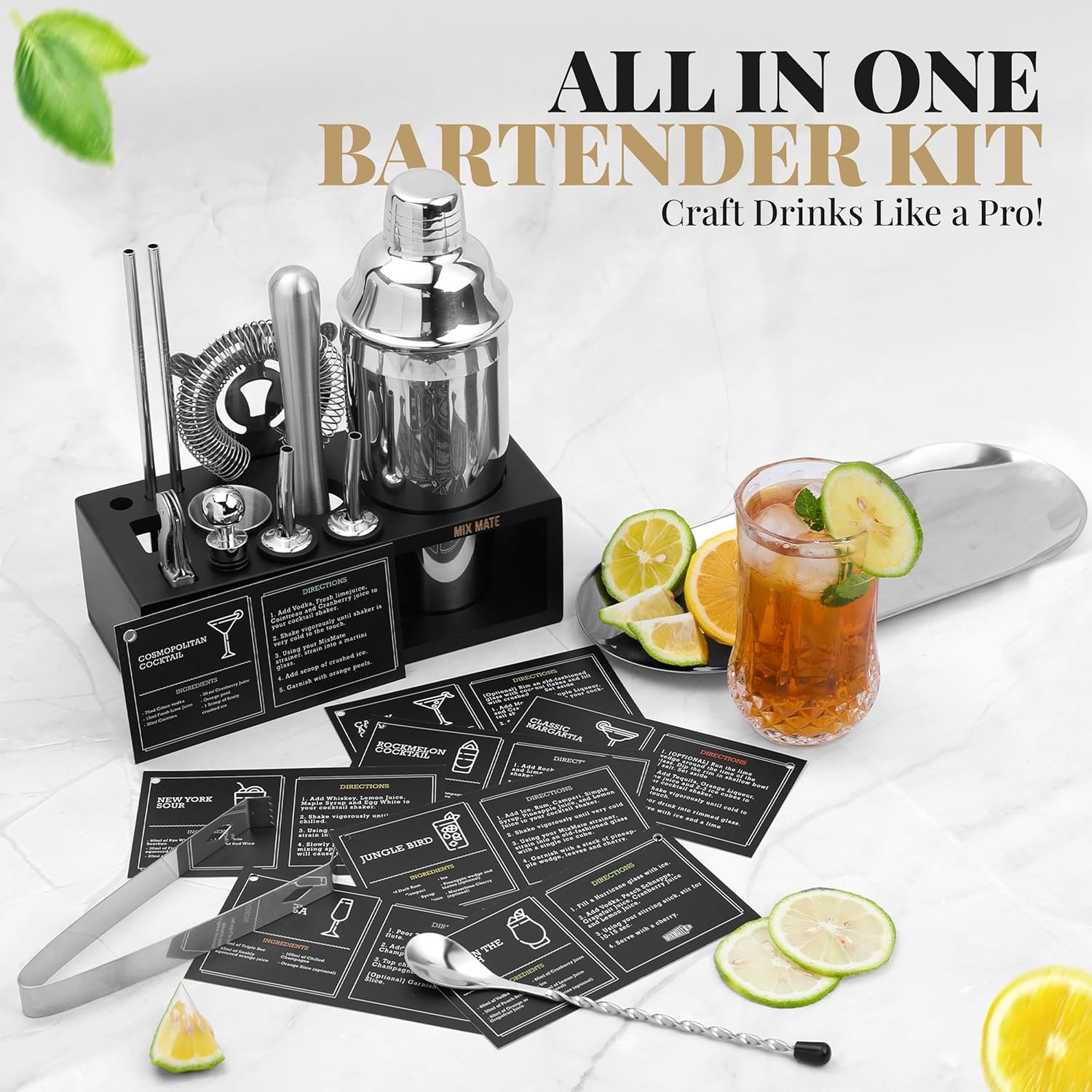Mixology Bartender Kit with Stand (15 Piece Silver Bar Tool Set with Cocktail Shaker)