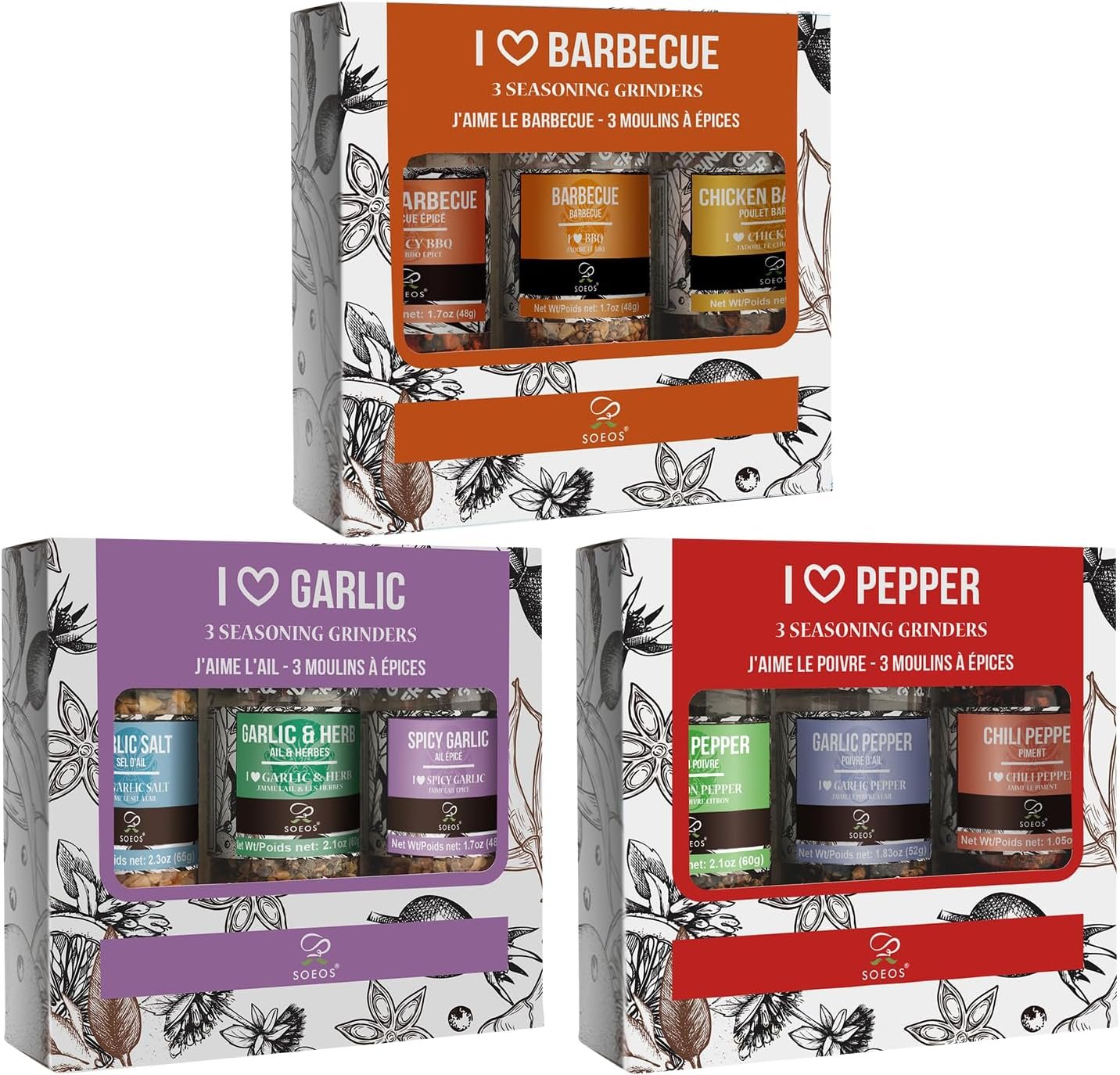 Soeos Spice Grinder Set of 9 BBQ Seasoning Set with Adjustable Pepper Mills