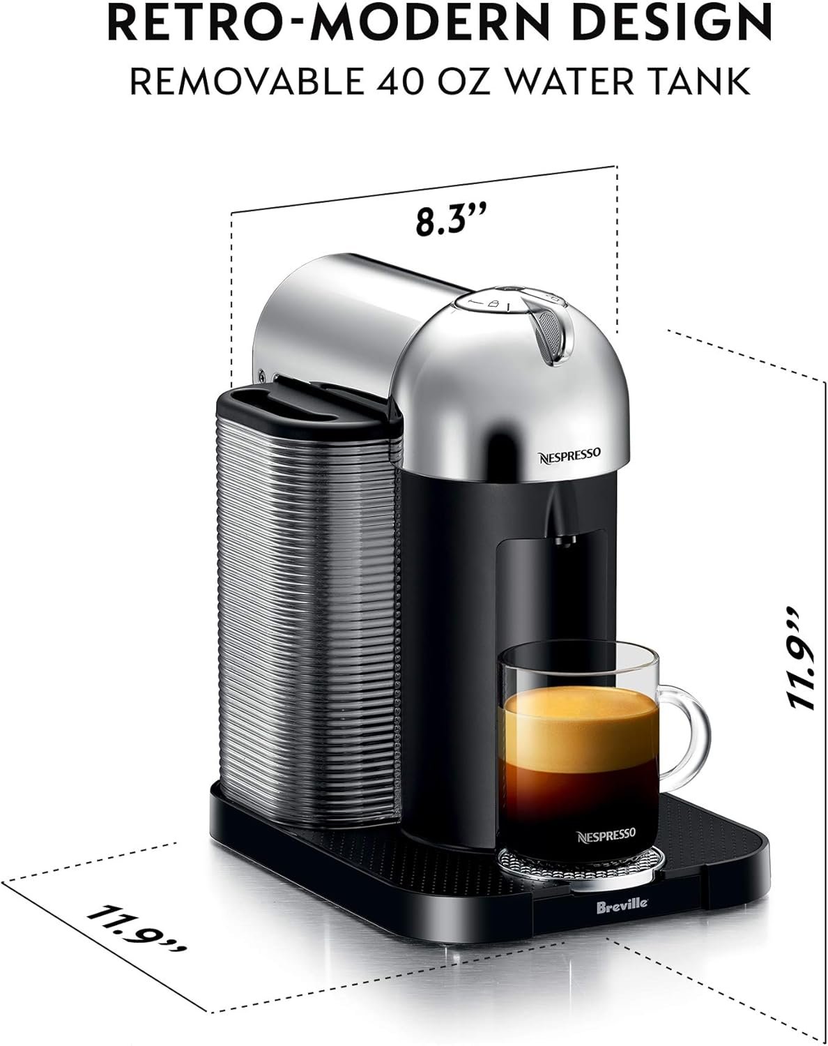 Nespresso Vertuo Single Serve Coffee and Espresso Machine by Breville (Chrome)