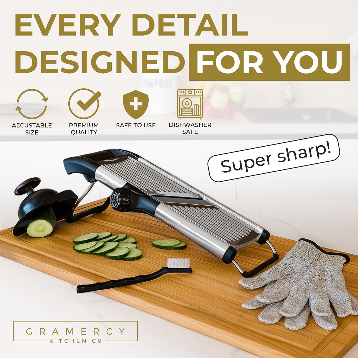 Gramercy Adjustable Mandoline Food Slicer with Cut-Resistant Gloves (Stainless Steel)