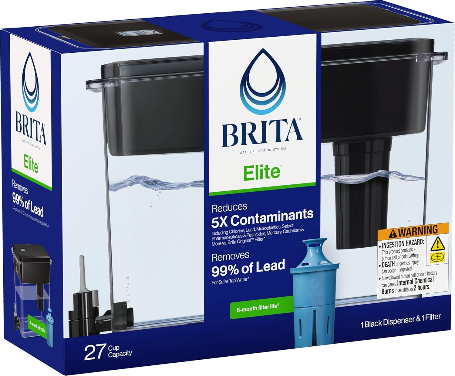 Brita 27 Cup Elite Filter Dispenser, Reduces 30+ Contaminants including Lead and Microplastics, Filter lasts 6 months, UltraMax, Black