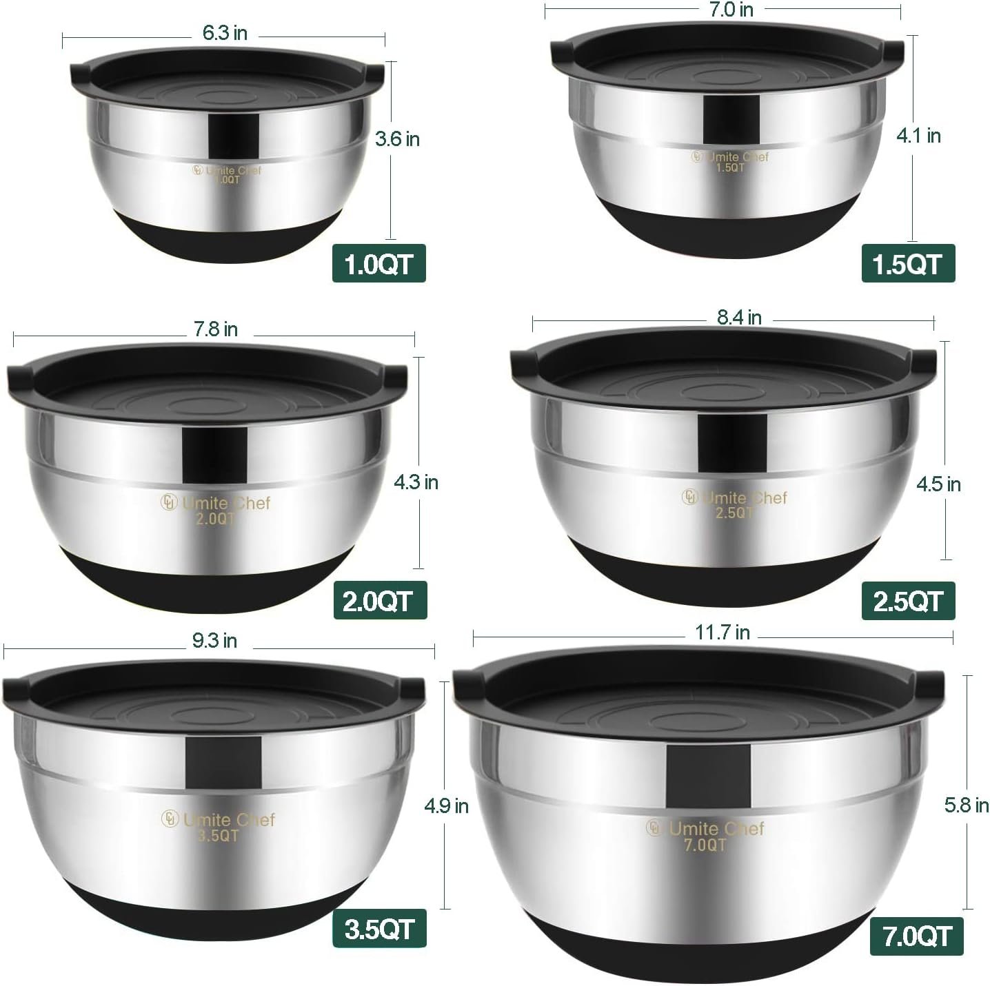 Mixing Bowls with Airtight Lids, 6 Piece Stainless Steel Metal Nesting Storage Bowls by Umite Chef, Non-Slip Bottoms (Black)
