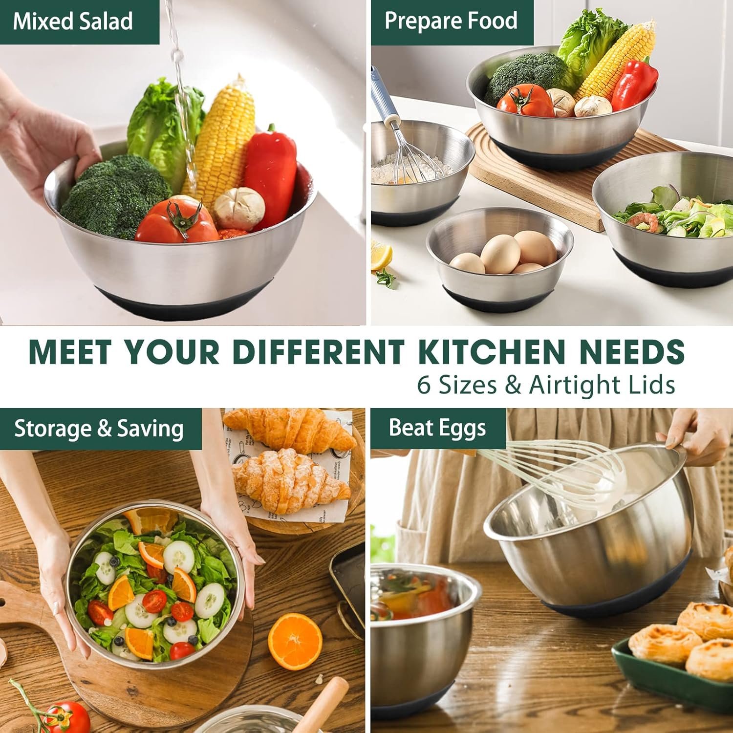 Mixing Bowls with Airtight Lids, 6 Piece Stainless Steel Metal Nesting Storage Bowls by Umite Chef, Non-Slip Bottoms (Black)