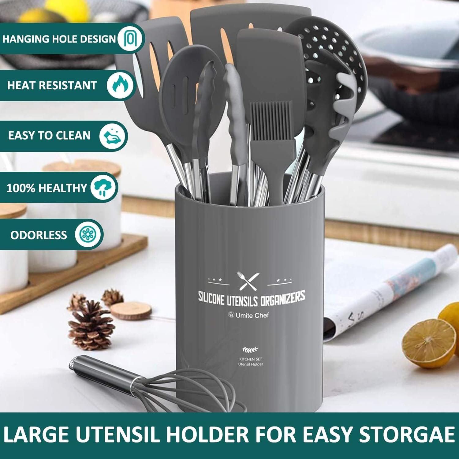 Umite Chef Kitchen Utensils Set, 15 pcs Silicone Cooking Kitchen Utensils Set, Heat Resistant Non-Stick BPA-Free Silicone Stainless Steel Handle Turner Spatula Spoon Tongs Whisk Cookware (Grey)