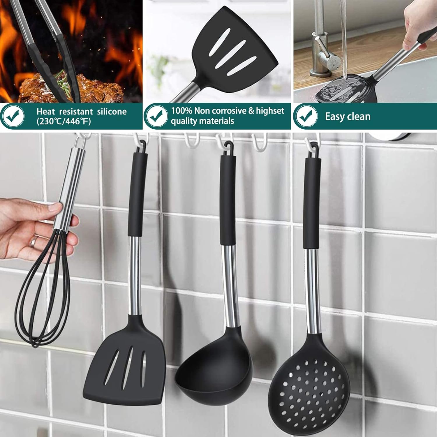 Umite Chef Kitchen Utensils Set, 15 pcs Silicone Cooking Kitchen Utensils Set, Heat Resistant Non-Stick BPA-Free Silicone Stainless Steel Handle Turner Spatula Spoon Tongs Whisk Cookware (Grey)