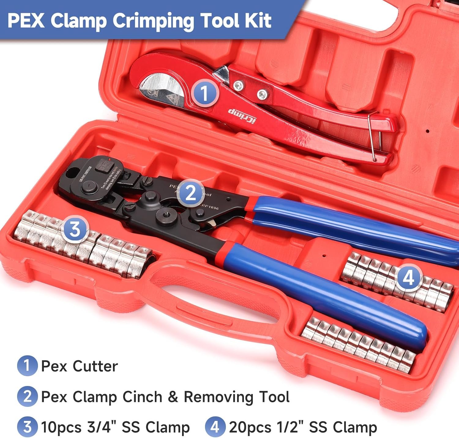 iCrimp Ratchet PEX Cinch Tool Kit with Removing Function, Pipe Cutter and Stainless Steel Clamps