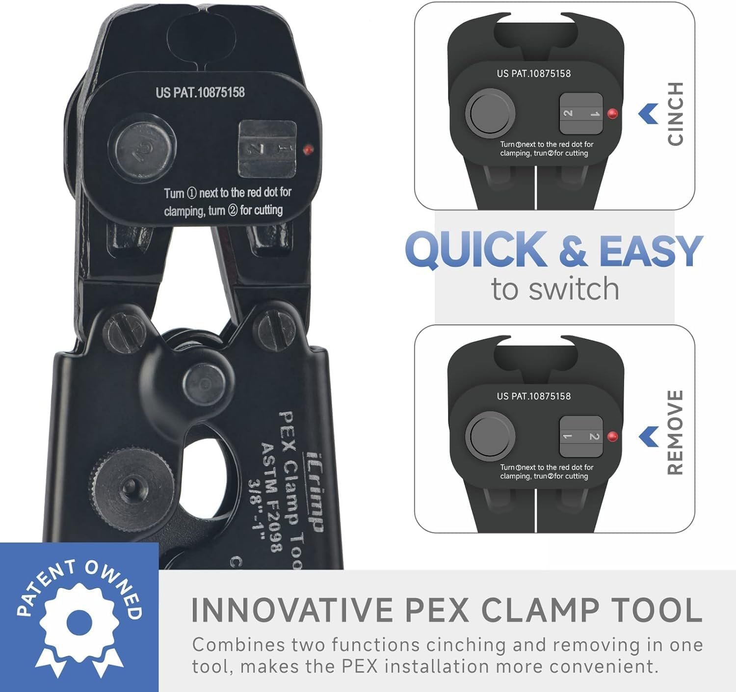 iCrimp Ratchet PEX Cinch Tool Kit with Removing Function, Pipe Cutter and Stainless Steel Clamps