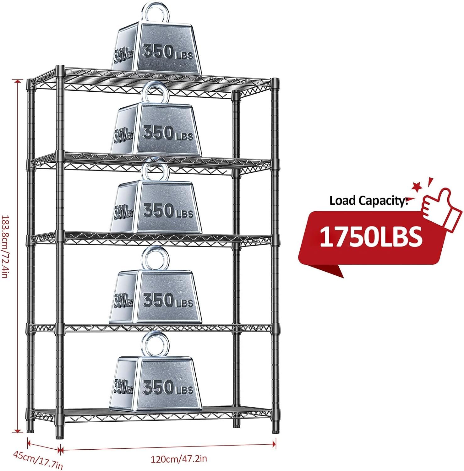 IZEUK 5-Tier Heavy Duty Metal Storage Shelves with Adjustable Leveling Feet (17.7″ x 48″ x 73″)