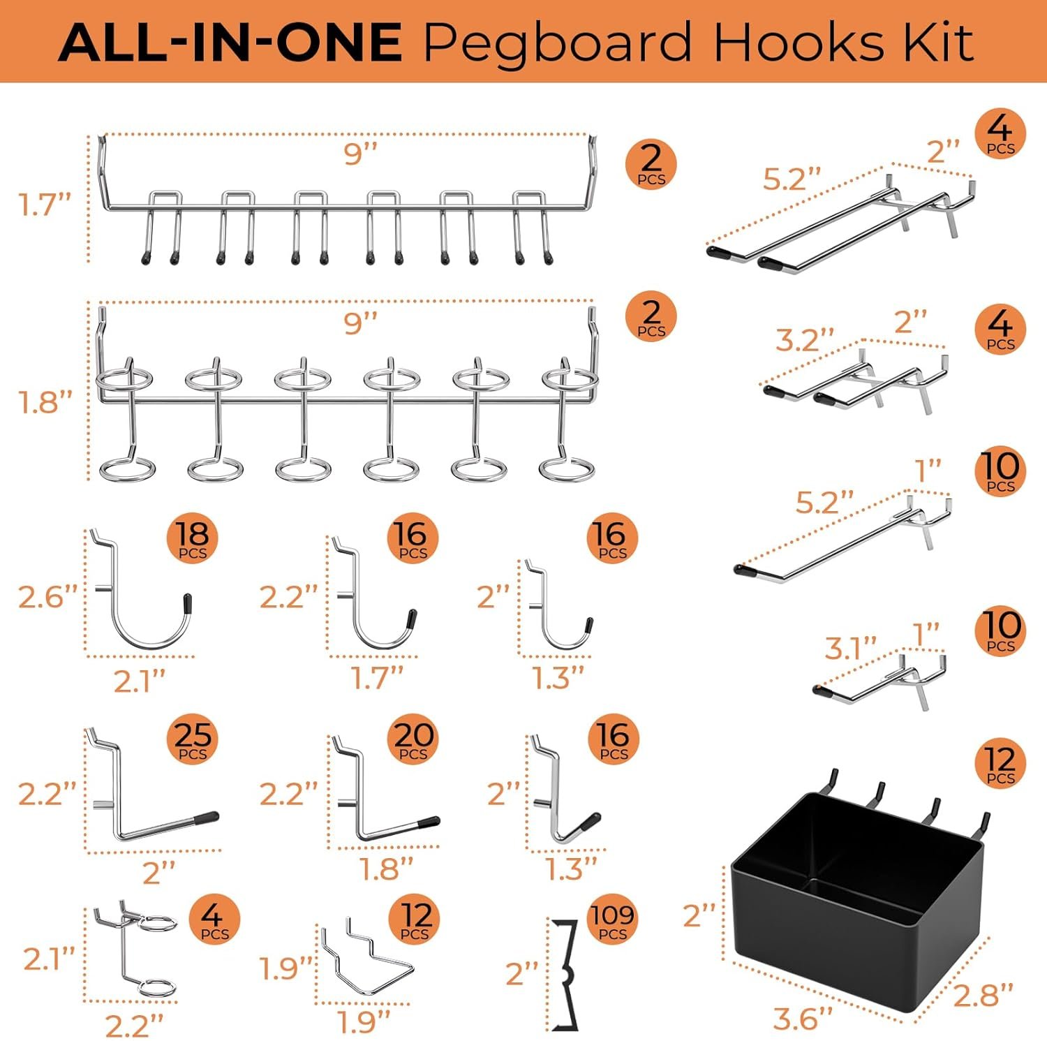 INCLY 206-Piece Pegboard Hooks Assortment and Accessories Organizer Kit with Bins