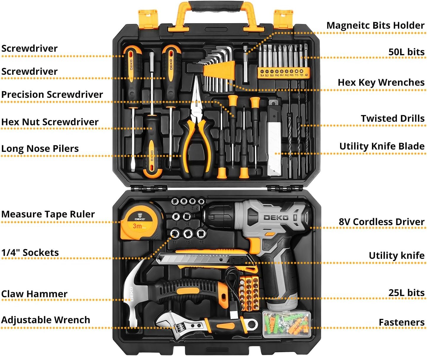 DEKOPRO 126-Piece Power Tool Combo Kit with 8V Cordless Drill and Hand Tools