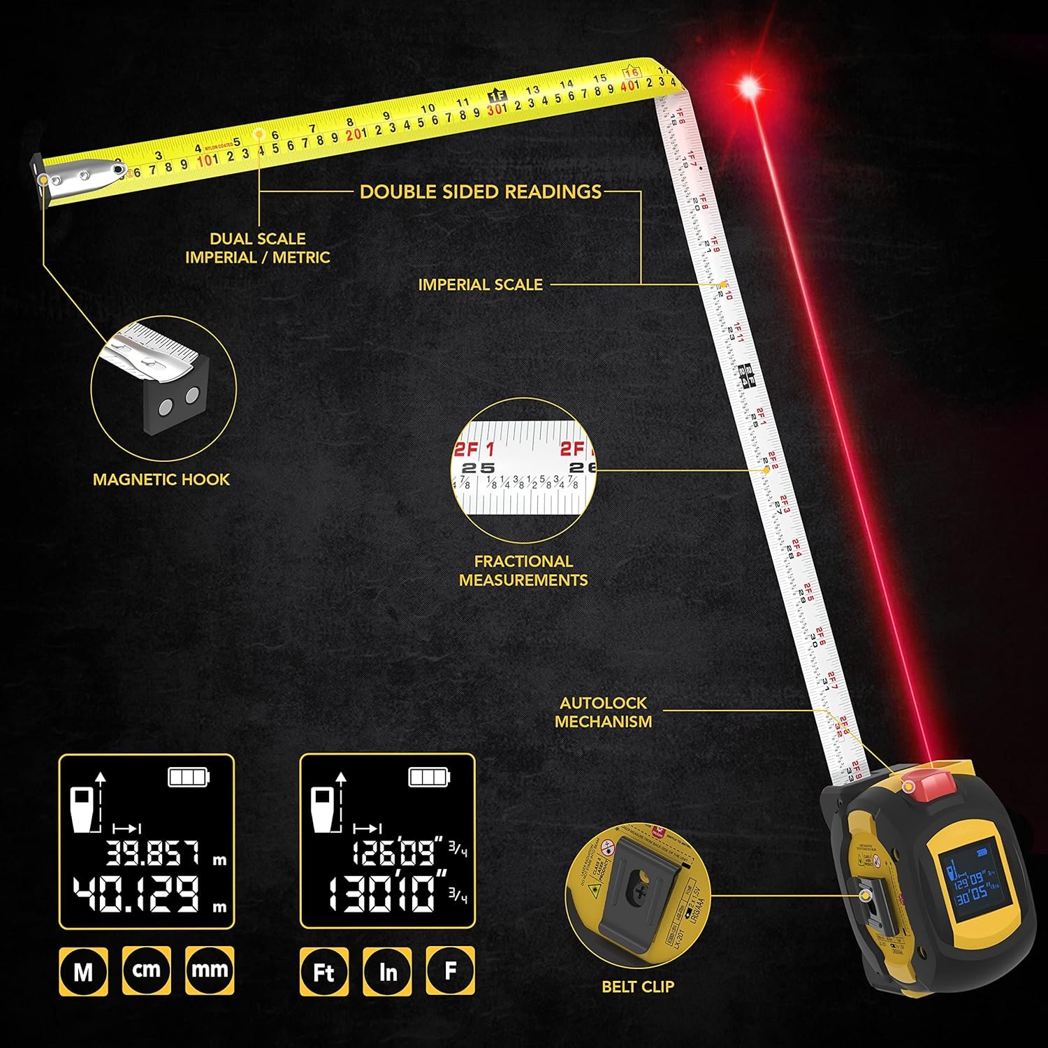 LEXIVON 2-in-1 Digital Laser Tape Measure – 130ft Laser Meter with 16ft AutoLock Tape (LX-201)