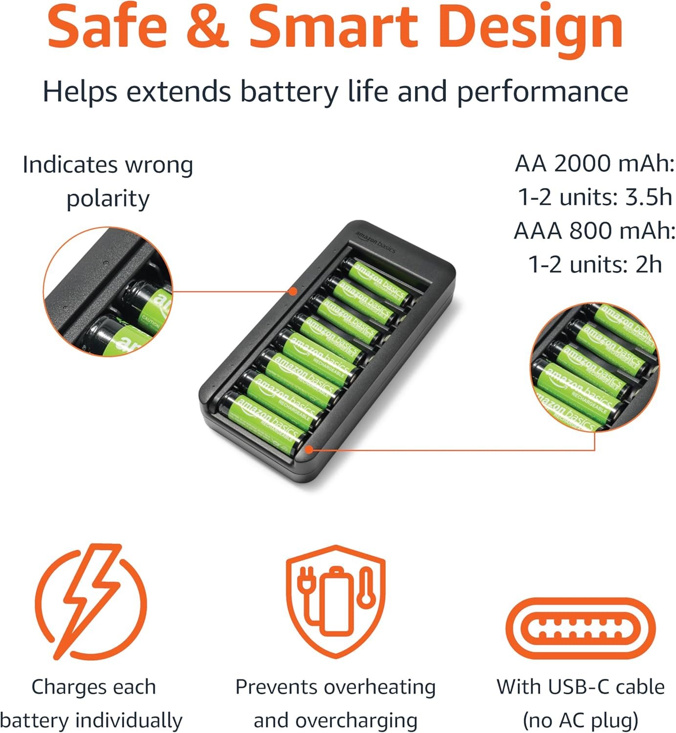 Amazon Basics – Rechargeable NiMh AAA 800mAh 8 Pack + AA 2000mAh 8 Pack, with 8 Bay Battery Charger, No AC Power Adapter, USB C Port