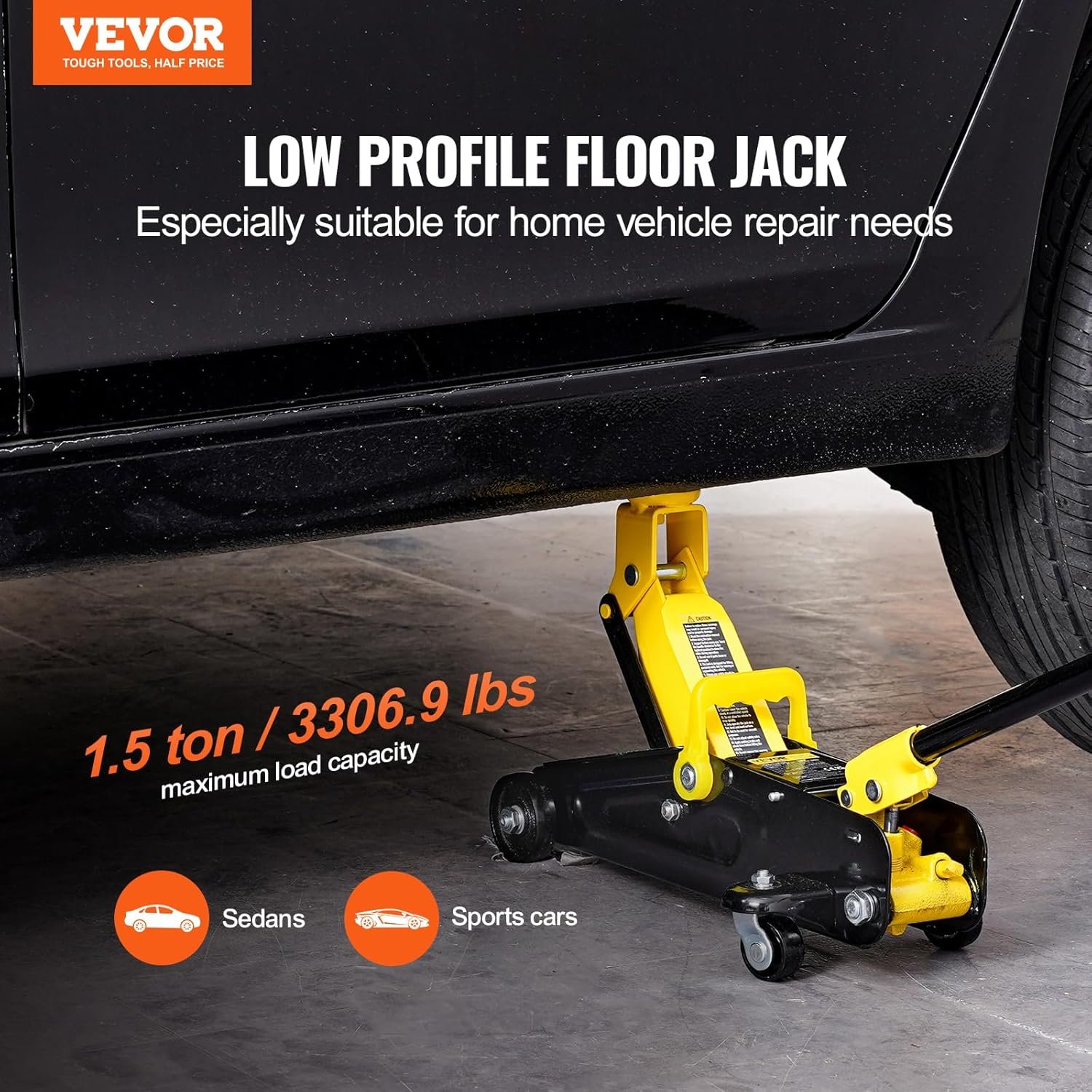 VEVOR Low Profile Floor Jack 1.5 Ton (3300 lbs), Heavy Duty Iron Hydraulic Racing Floor Jack, Hydraulic Car Jack, Single Piston Quick Lift Pump, 4.7″-12.1″ Height Lifting Range (Yellow)