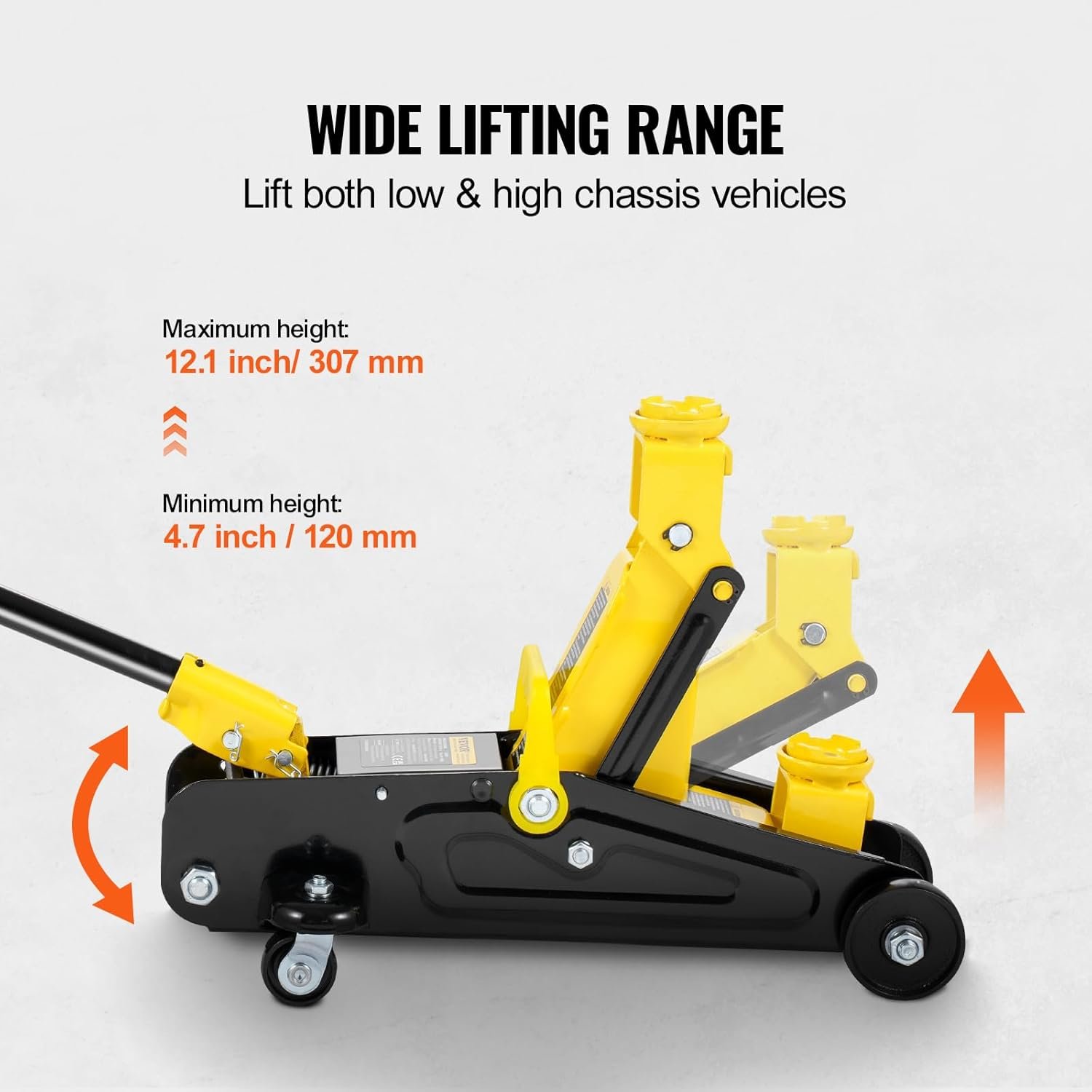 VEVOR Low Profile Floor Jack 1.5 Ton (3300 lbs), Heavy Duty Iron Hydraulic Racing Floor Jack, Hydraulic Car Jack, Single Piston Quick Lift Pump, 4.7″-12.1″ Height Lifting Range (Yellow)