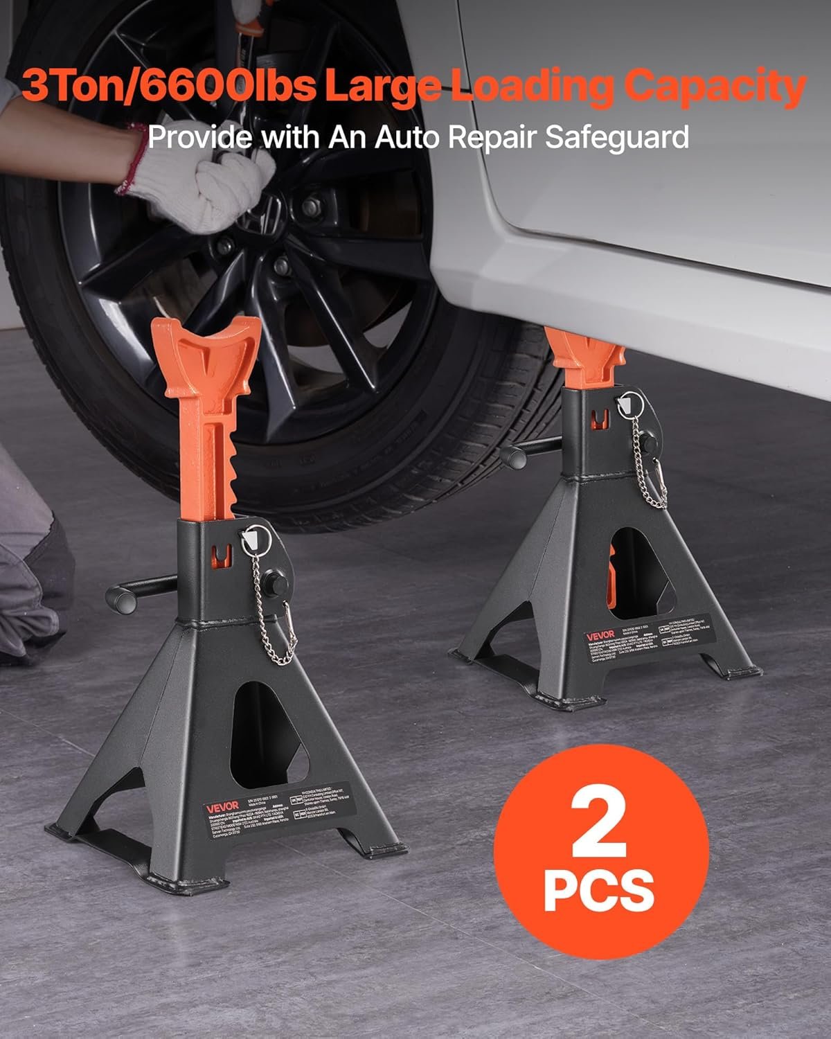 VEVOR Jack Stands, 3 Ton (6,600 lbs) Capacity, 10.8-16.3 in Adjustable Height, Heavy Duty Steel Jack Auto Stands with Double Locking, for Lifting SUV, Pickup, Car, UTV/ATV, 1 Pair, Black and Orange