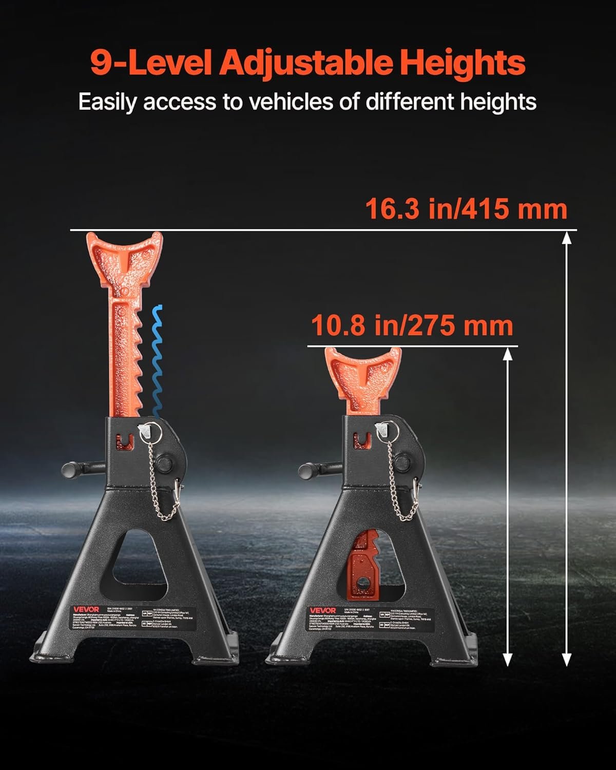 VEVOR Jack Stands, 3 Ton (6,600 lbs) Capacity, 10.8-16.3 in Adjustable Height, Heavy Duty Steel Jack Auto Stands with Double Locking, for Lifting SUV, Pickup, Car, UTV/ATV, 1 Pair, Black and Orange
