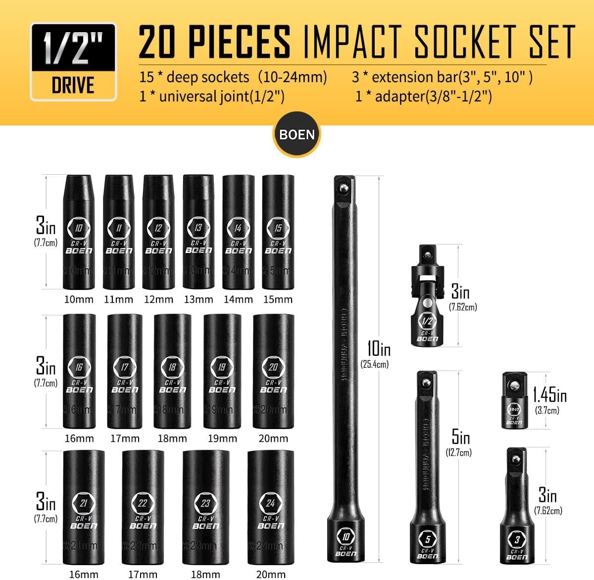 BOEN 1/2″ Drive Metric Deep Impact Socket Set, 20 Piece Cr-V Steel Metric Socket Set 10mm-24mm, Includes Extension Bars, Universal Joint and Adapter, 6 Point Design, Meets ANSI Standards