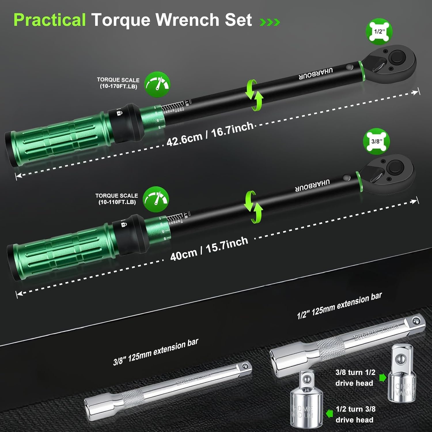 Torque Wrench Set 3/8″ + 1/2″ 2Pcs 10-110 ft.lb & 10-170 ft.lb Dual-Direction 72 Tooth Click with Adapters & Extension Bars for Car, Truck & Motorcycle