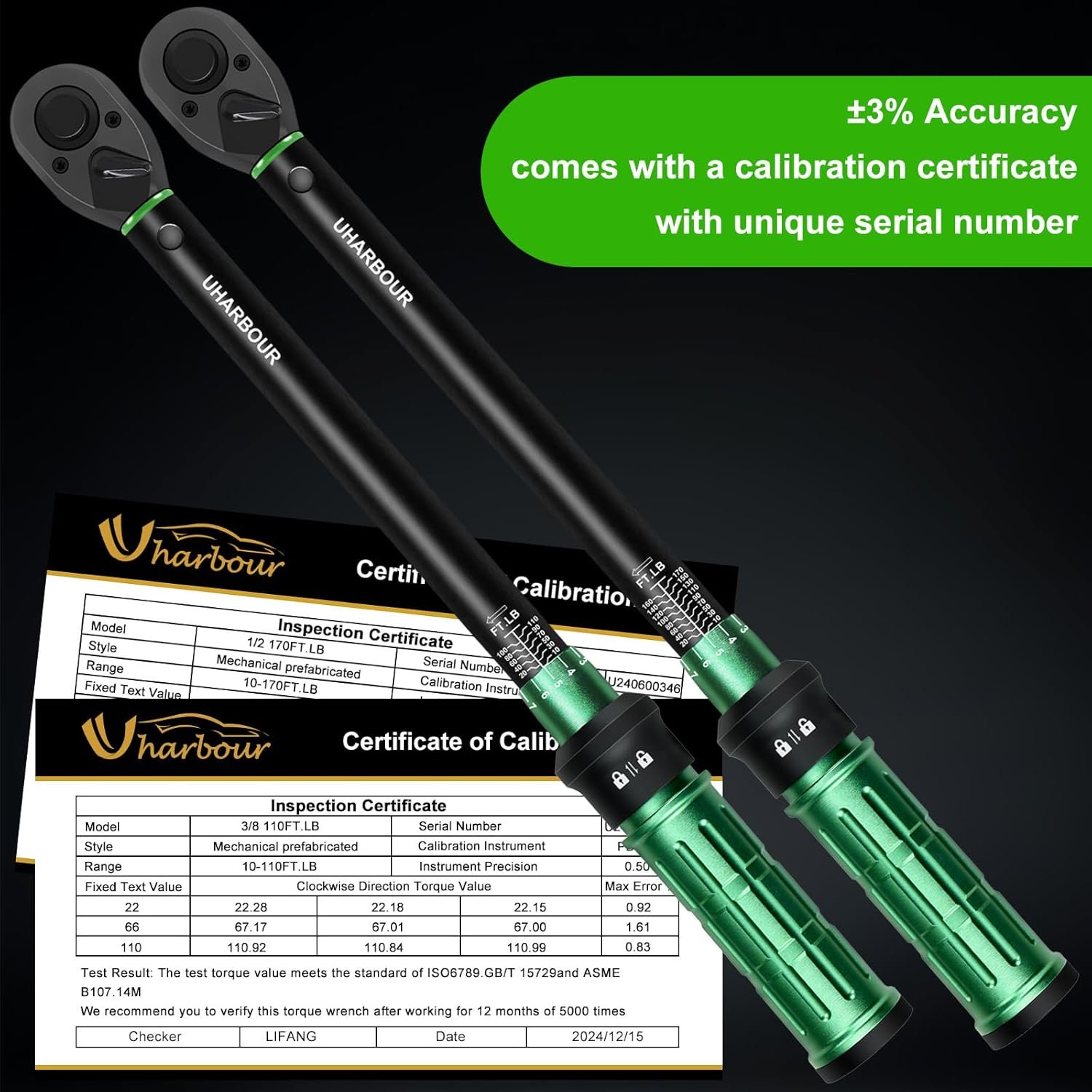 Torque Wrench Set 3/8″ + 1/2″ 2Pcs 10-110 ft.lb & 10-170 ft.lb Dual-Direction 72 Tooth Click with Adapters & Extension Bars for Car, Truck & Motorcycle