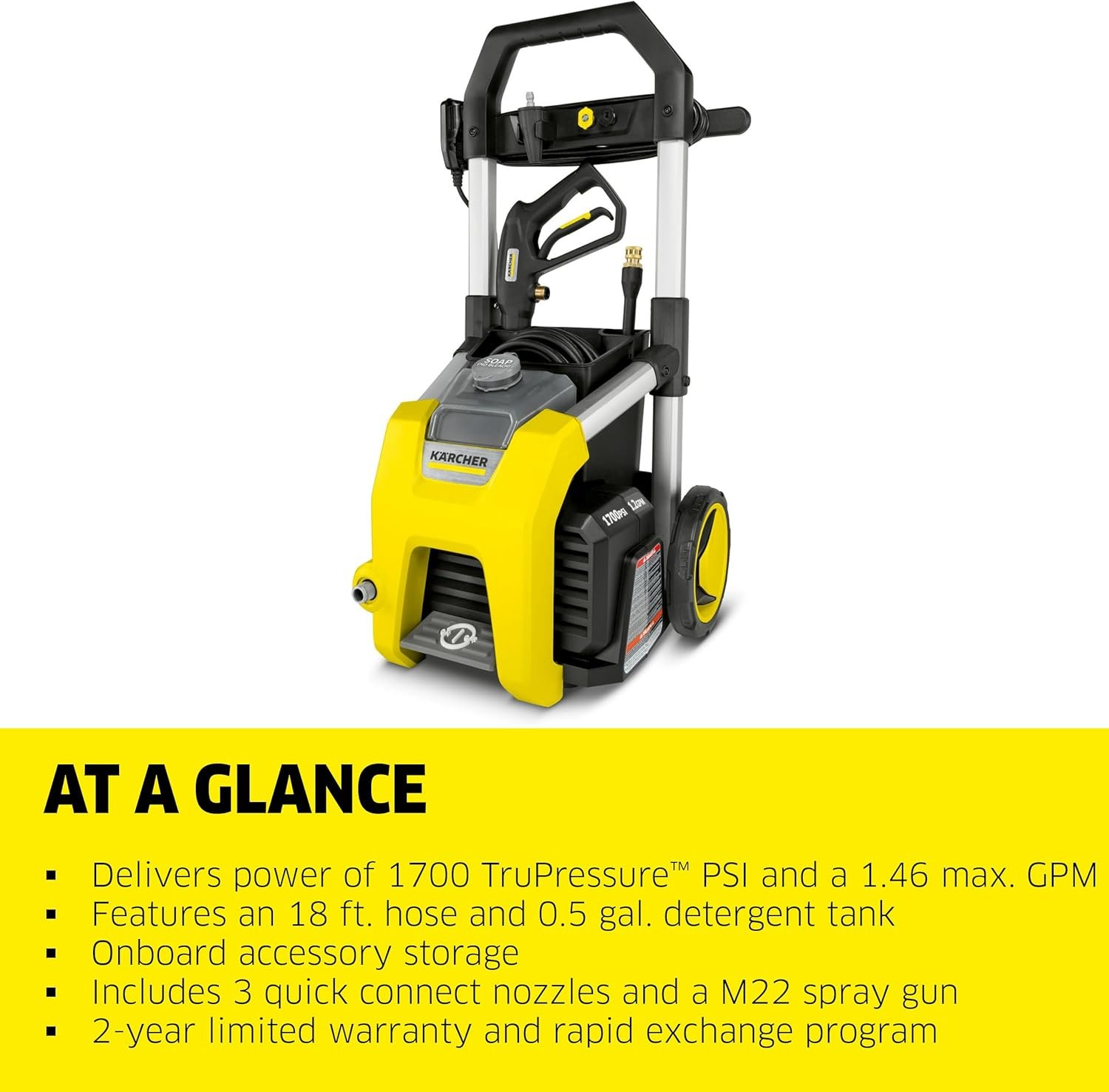 Kärcher K1700 Max 2125 PSI Electric Pressure Washer with 3 Spray Nozzles – Great for Cleaning Cars, Siding, Driveways, Fencing and More – 1.2 GPM