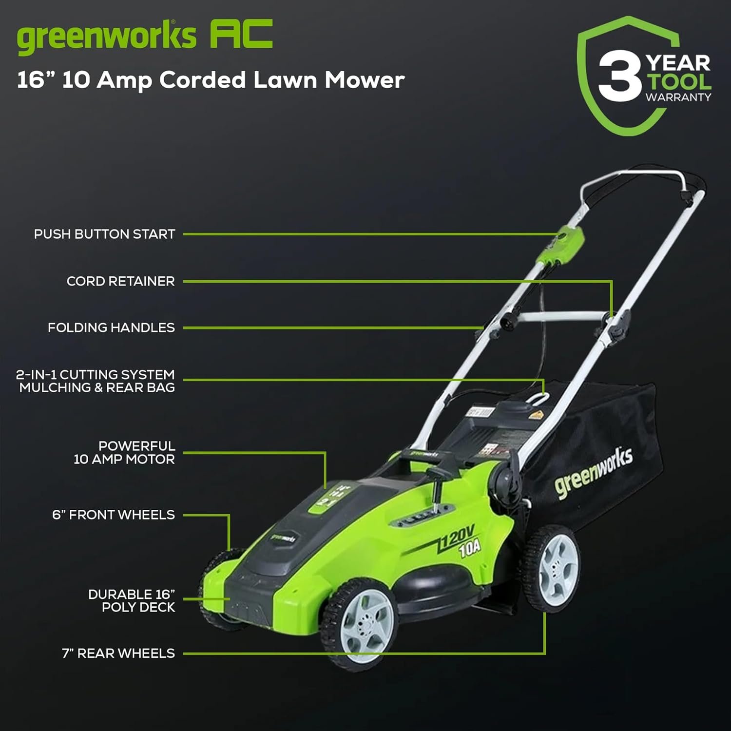 Greenworks 25142 10 Amp 16-Inch Corded Lawn Mower