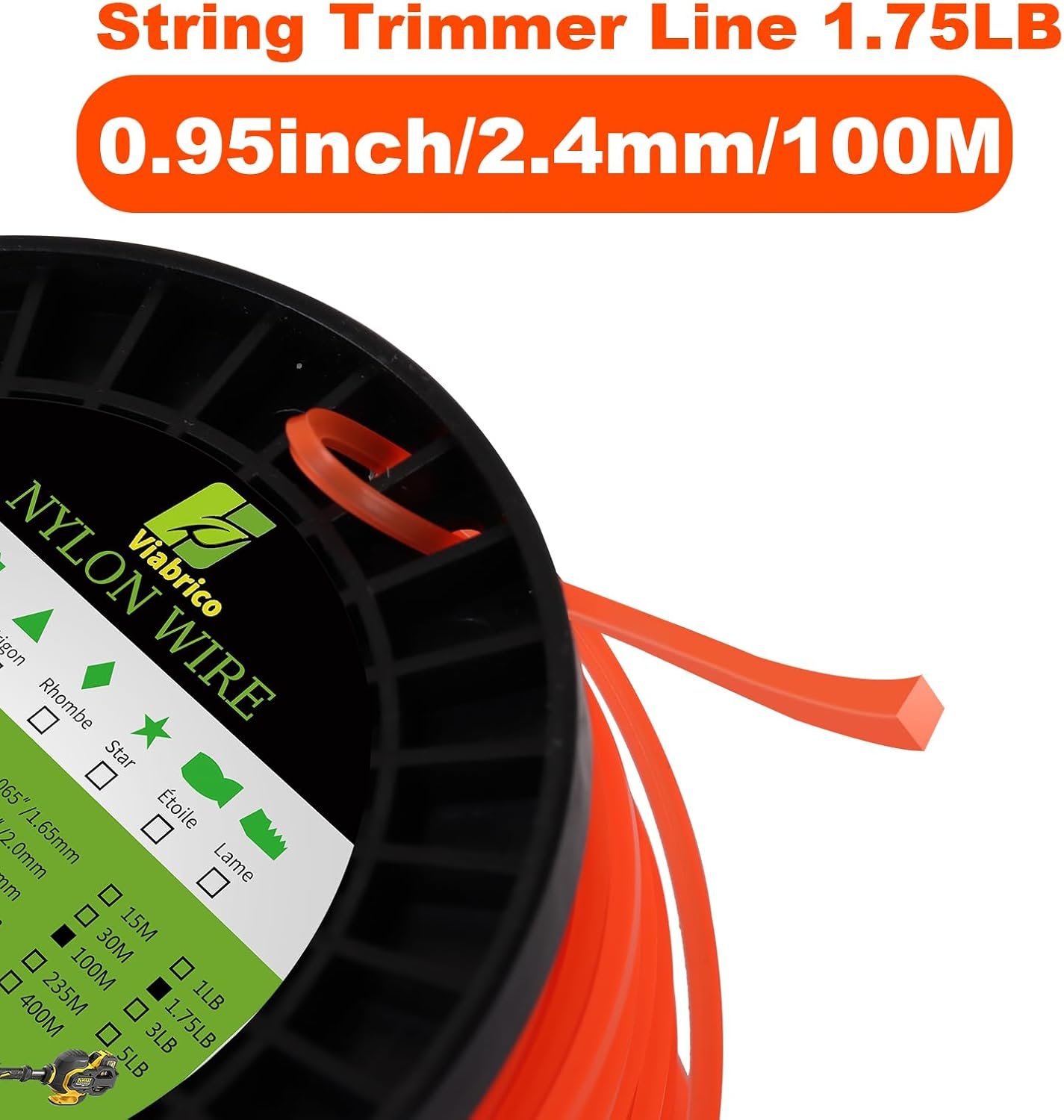 Viabrico String Trimmer Line, Square Orange Heavy Duty Weed Eater String, Premium Nylon Universal 0.095″ x 1.7LB, 330Foot