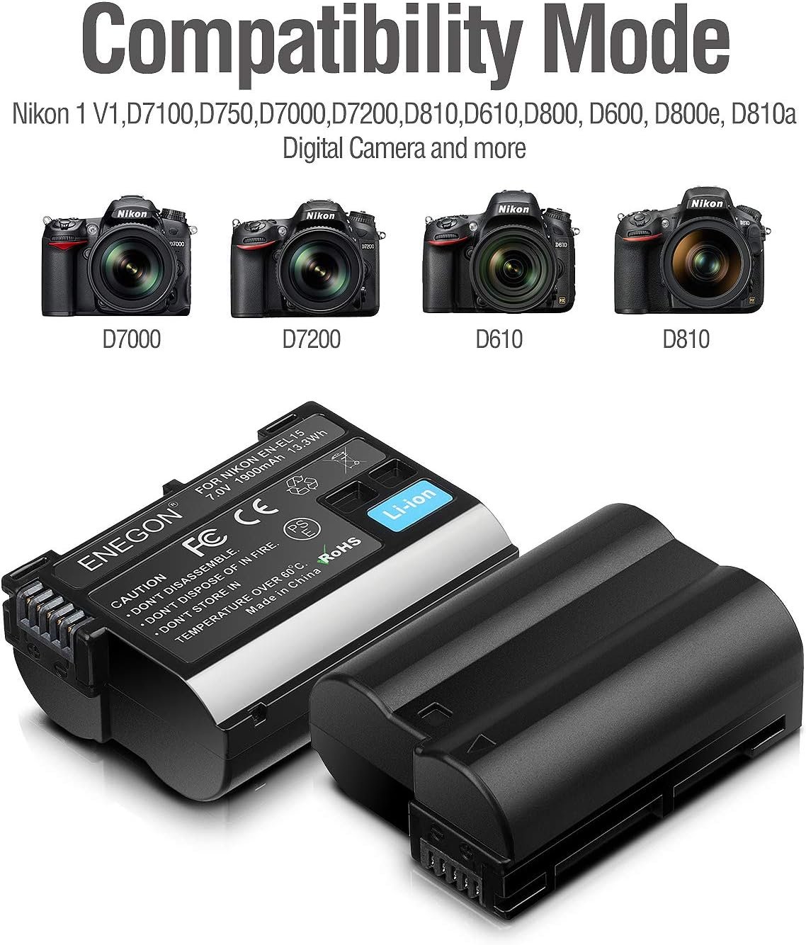ENEGON EN-EL15 Replacement Batteries (2-Pack) and Smart LED Dual Charger Kit for Nikon Cameras
