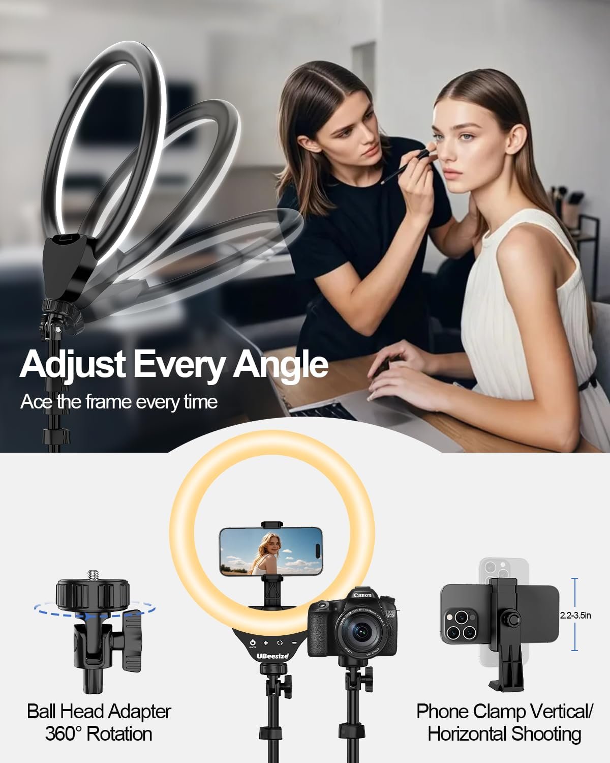 UBeesize 10″ Selfie Ring Light with 62″ Extendable Tripod Stand and Phone Holder