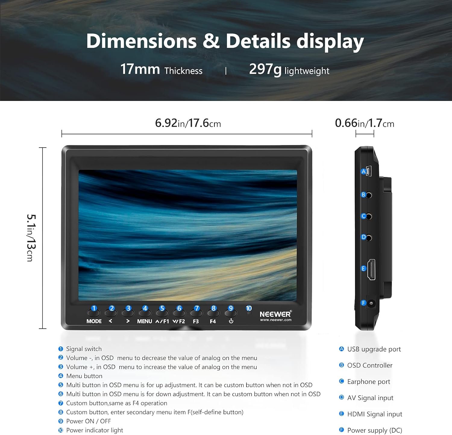 NEEWER F100 7-Inch Camera Field Monitor Kit with IPS HD Display, Battery, and USB Charger