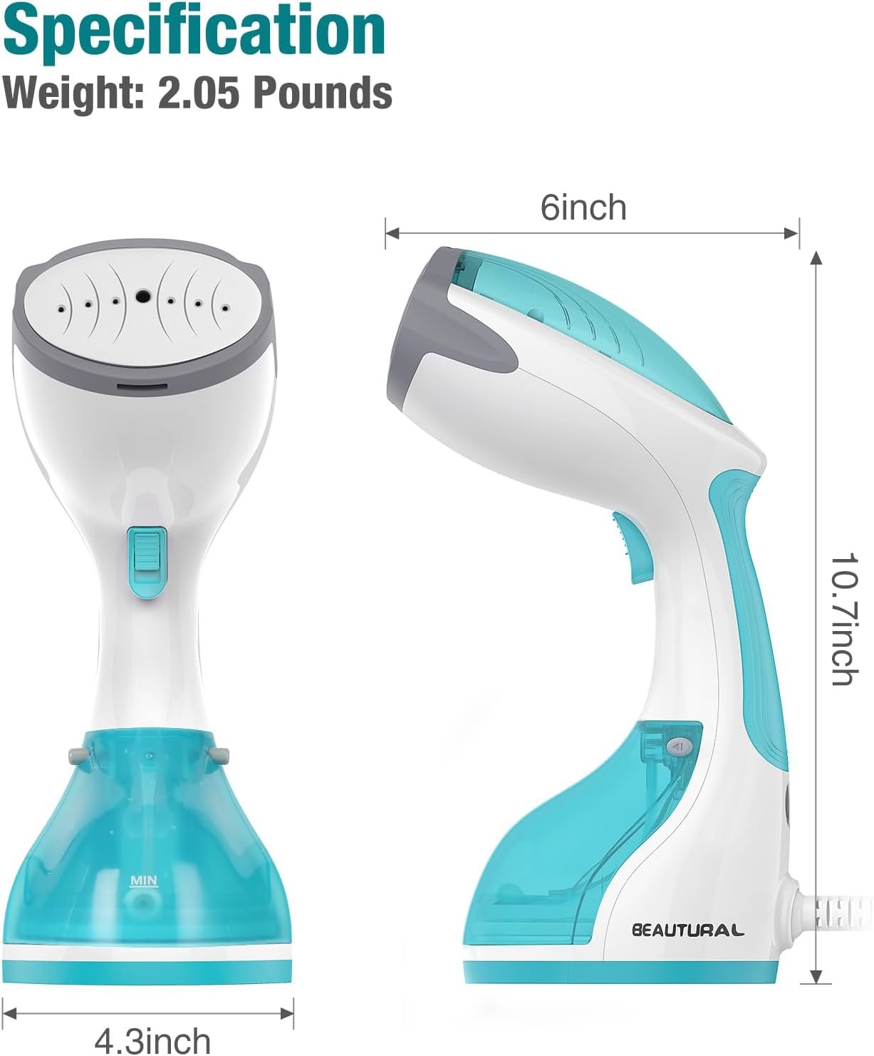 BEAUTURAL 1200-Watt Handheld Steamer for Clothes, 30-Second Heat-up, 8.79-Ounce Water Tank, Aqua
