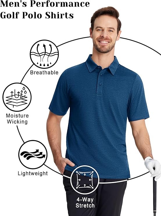 TACVASEN Men’s Golf Polo Shirts Short Sleeve Quick Dry Lightweight Casual Athletic Collared T-Shirts 3 Buttons