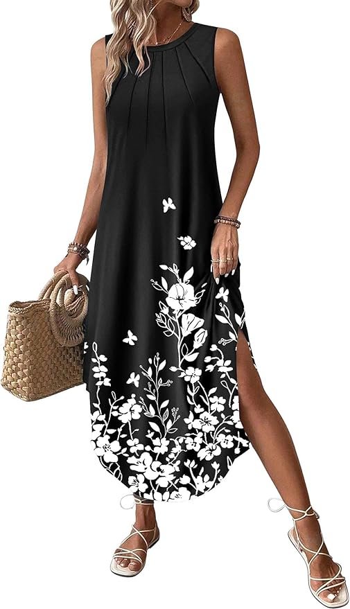 Zeagoo Womens Summer Dress Casual Long Dress Split Curve Hem Dress Floral Sundress Printed Boho Dress